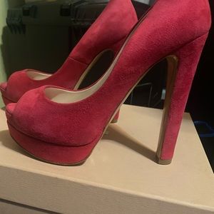 MIU MIU PRADA 5KP185 TURQUOISE SUEDE PEEP TOE DOUBLE PLATFORM PUMPS